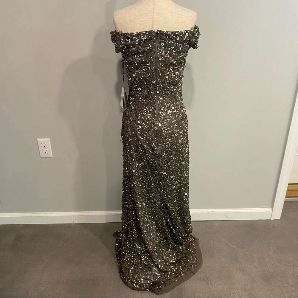 Adrianna Papell Silver Lead Off Shoulder Evening Dress Size 2 New with Tags - Picture 13 of 13